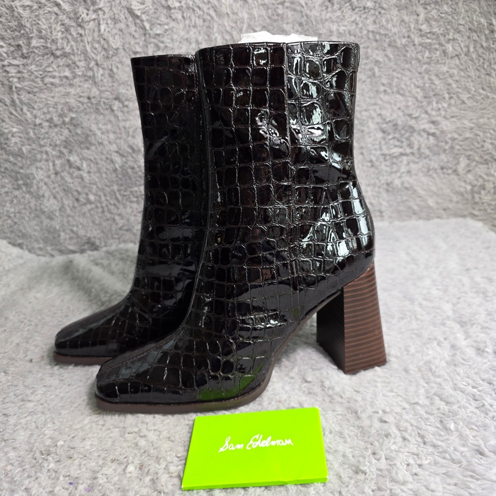 Sam Edelman Ivette High Ankle Boots Brown Croc Embossed Square Toe Womens 9 NEW